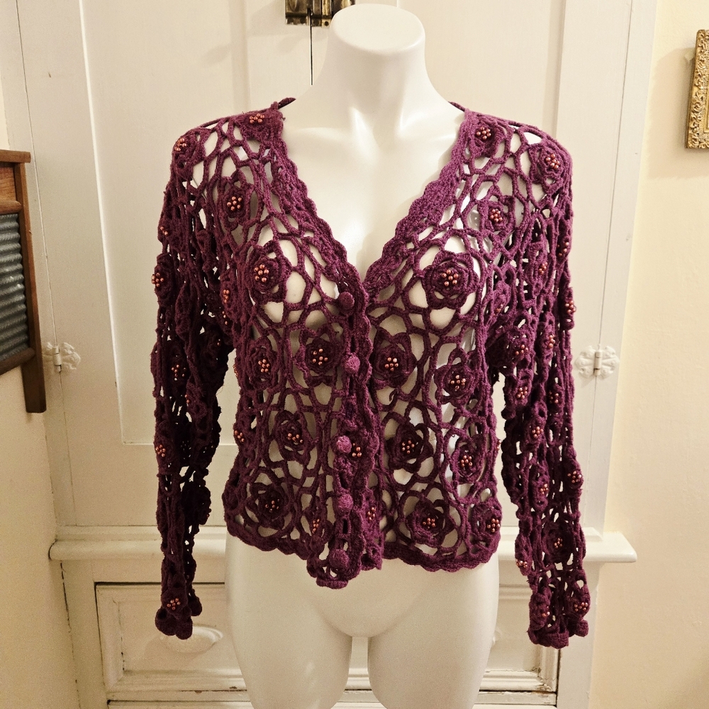 Reference Point purple open crocheted and beaded jacket Sz L